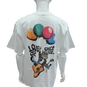 White Graphic T-Shirt with Cat and Balloons